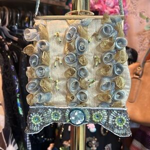 Mary Francis beaded bag, gold and blue with Rosette design and shoulder strut